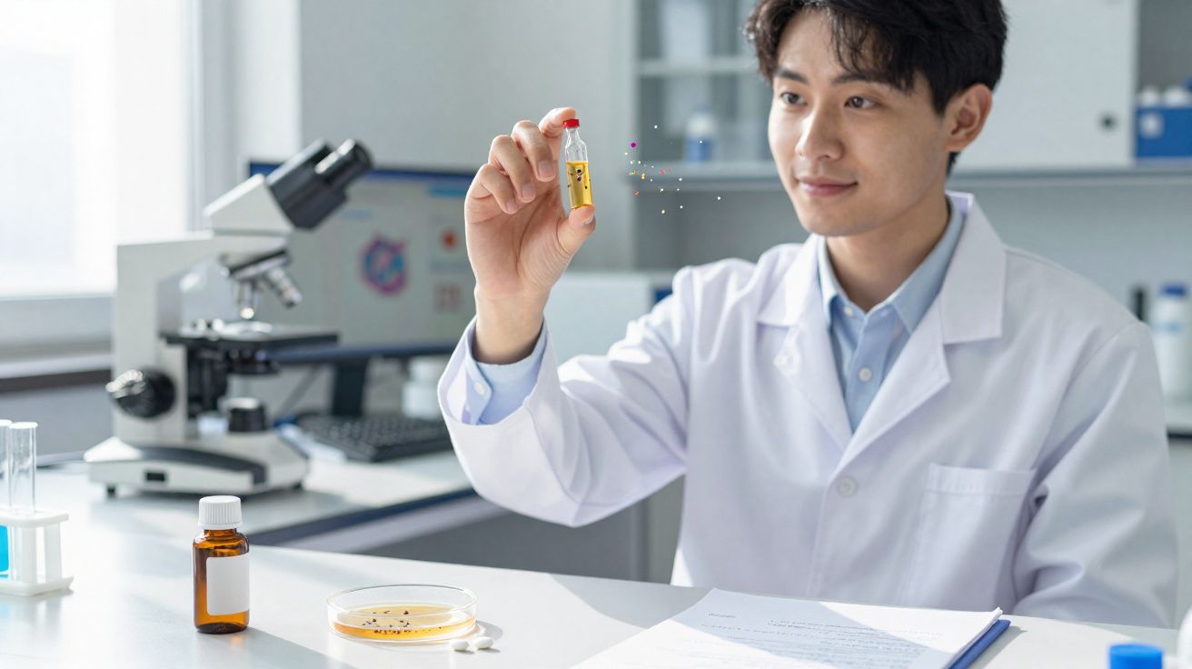 Cientista em laboratório segurando tubo de ensaio com líquido amarelo, microscópio e placa de petri ao fundo.
