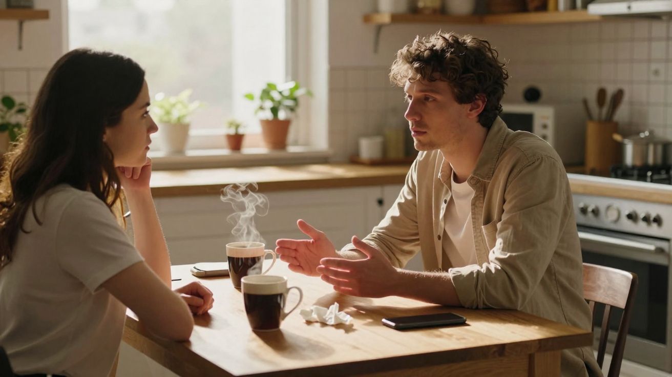 Homem e mulher conversando na mesa da cozinha com duas xícaras de café quente fumegante.