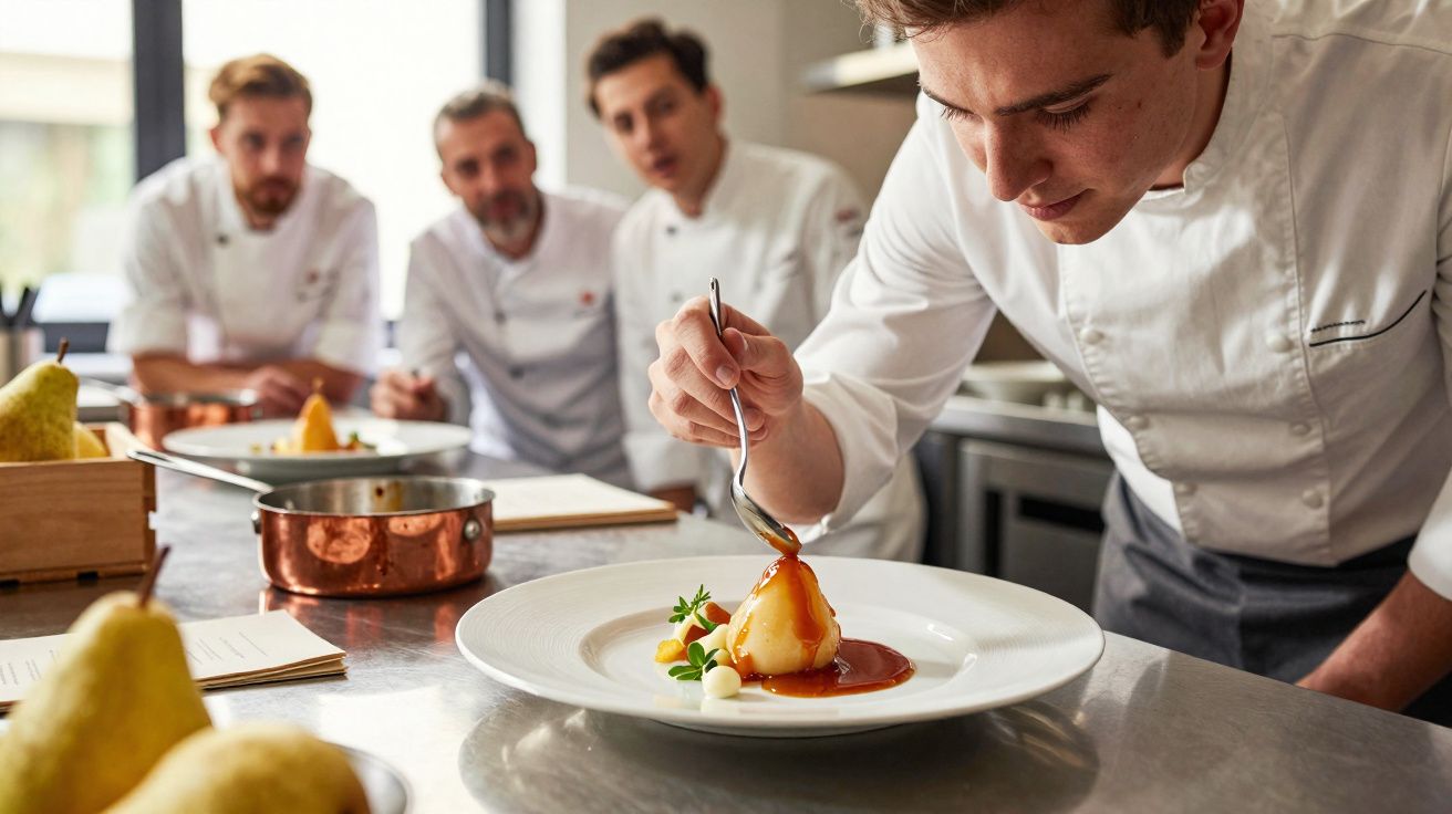 Chef decorando prato com pêra caramelizada em cozinha profissional assistido por três chefs ao fundo.