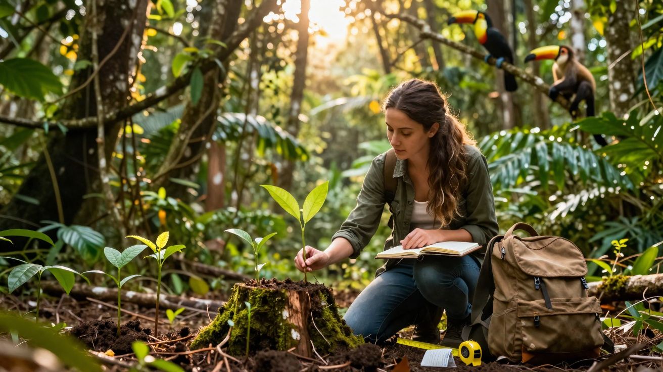 Mulher pesquisa plantas na floresta amazônica com caderno e pá, cercada por tucanos coloridos.