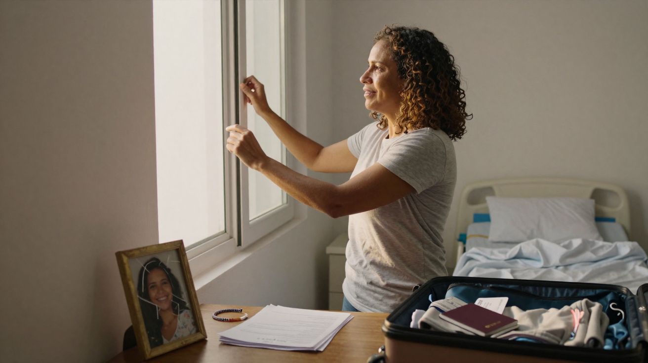 Mulher fechando janela em quarto com mala aberta e foto em porta-retrato sobre mesa.