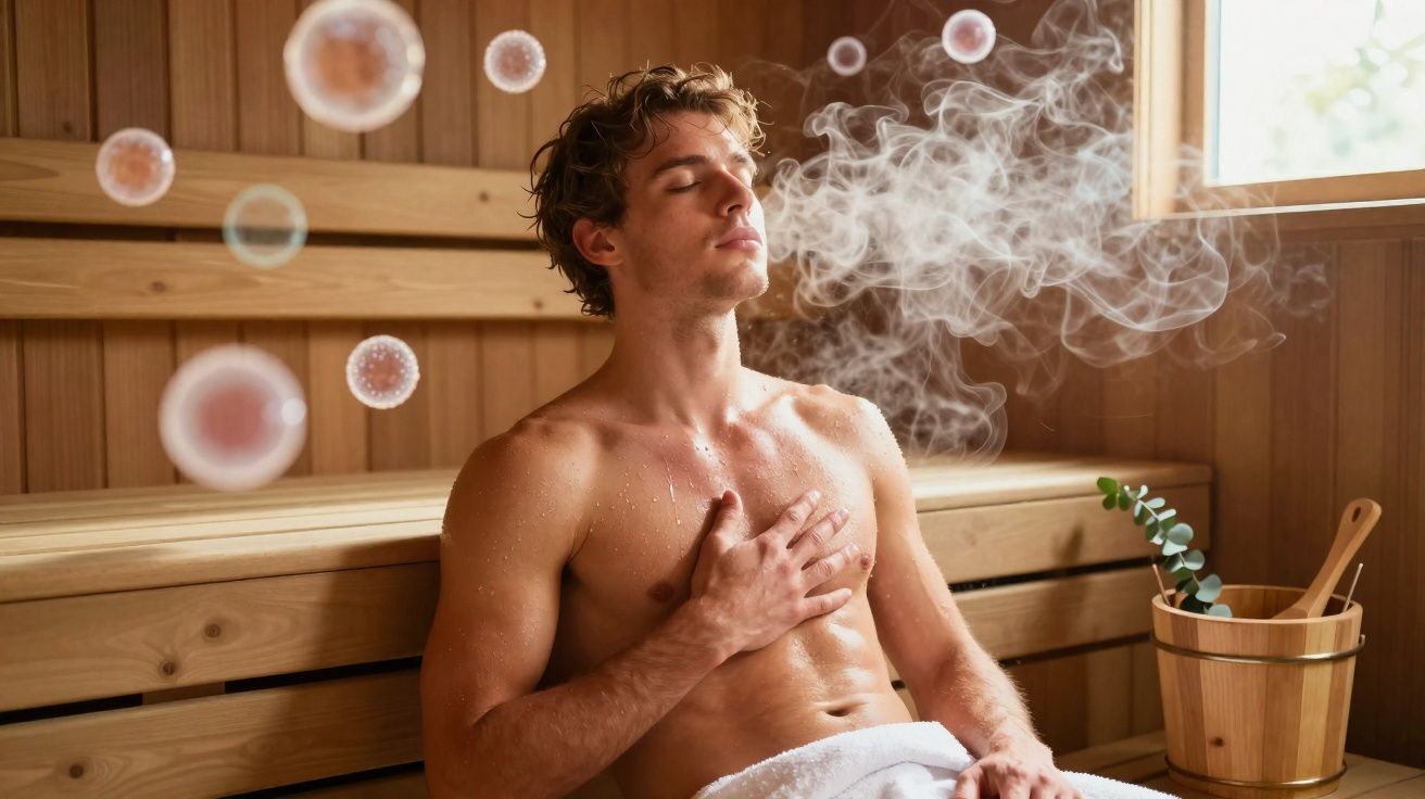 Homem relaxando em sauna de madeira com vapor e olhos fechados, mão no peito, e toalha na cintura.