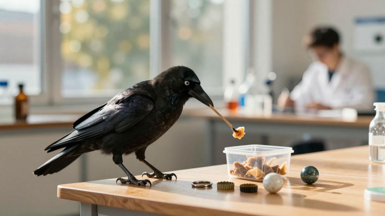 Corvo negro pegando petisco em pote transparente sobre mesa em ambiente com pessoa ao fundo.