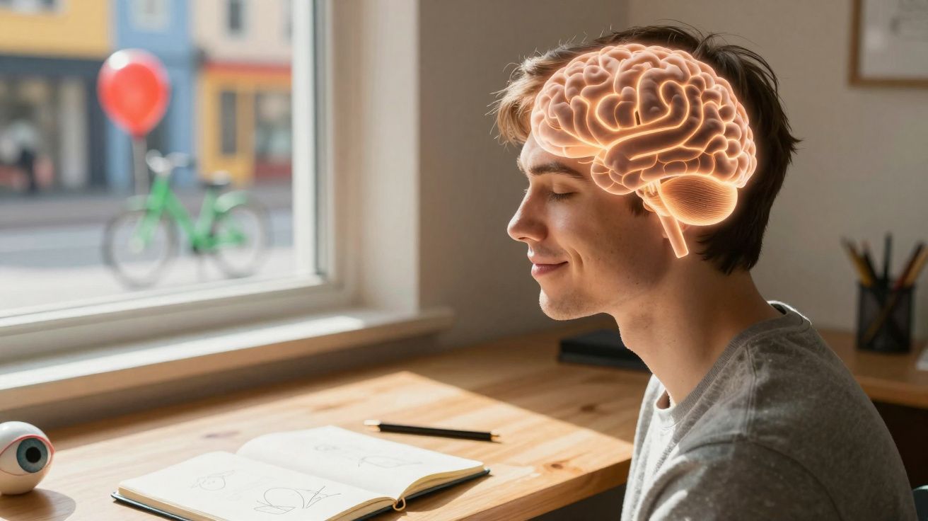 Jovem sentado à mesa com cérebro ilustrado destacado, em ambiente iluminado por janela durante o dia.