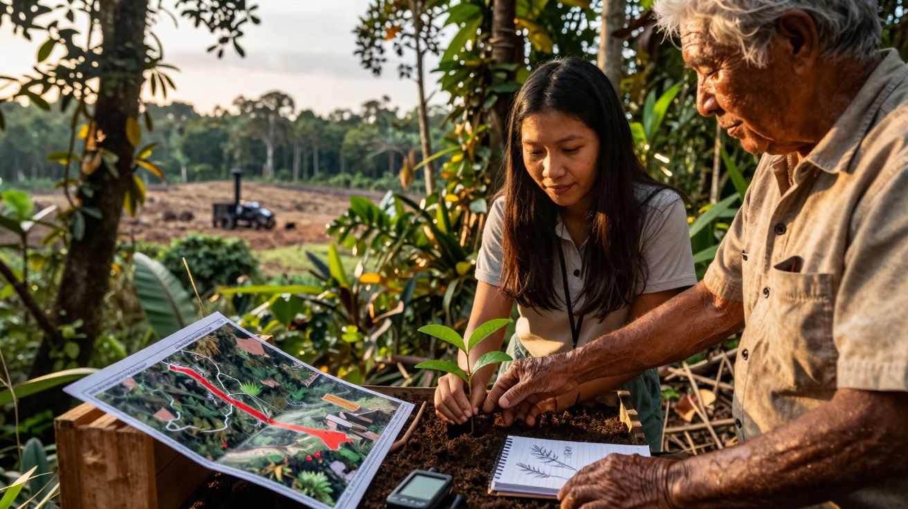Homem idoso e jovem mulher plantam muda juntos ao ar livre com mapa e caderno sobre a mesa de madeira.