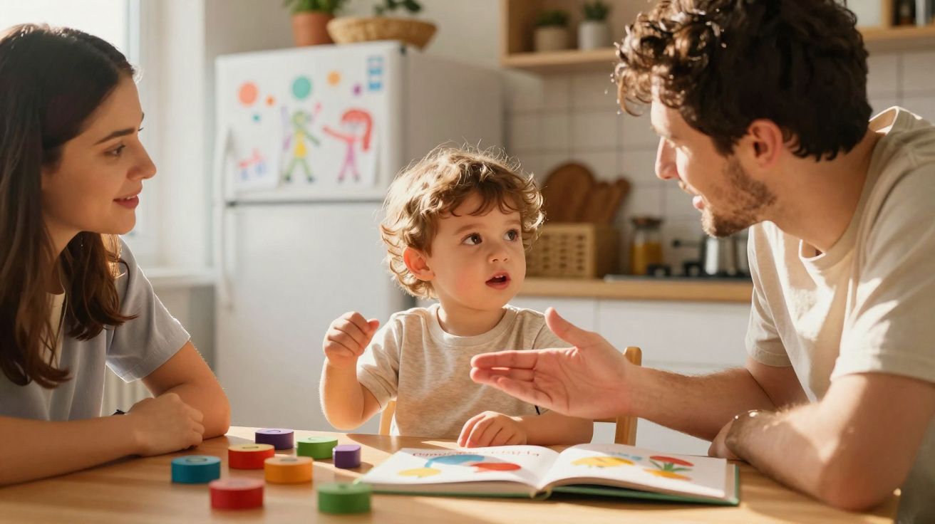 Família sentada à mesa ensinando criança com livro ilustrado e blocos coloridos em cozinha iluminada.