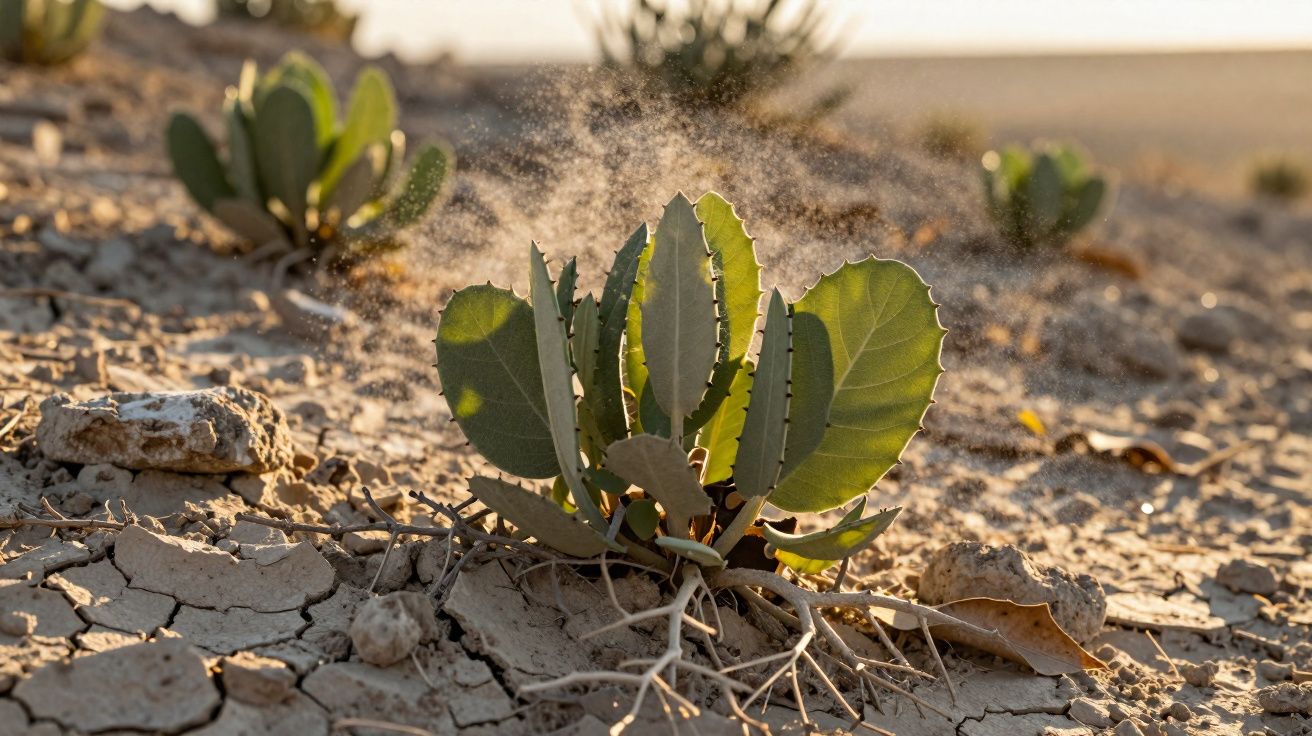 Planta suculenta crescendo em solo seco e rachado com partículas de terra suspensas no ar ao fundo.