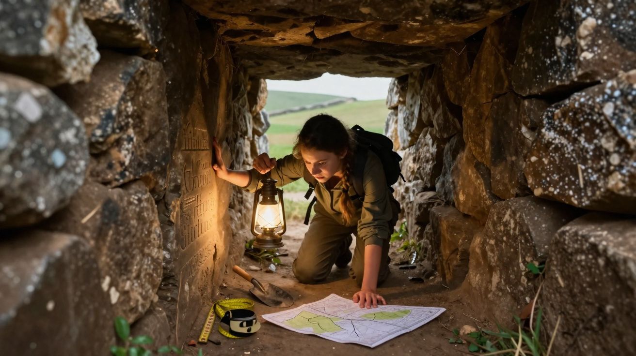 Jovem investigadora com lanterna analisa mapa dentro de passagem estreita de pedra, em ambiente ao ar livre.