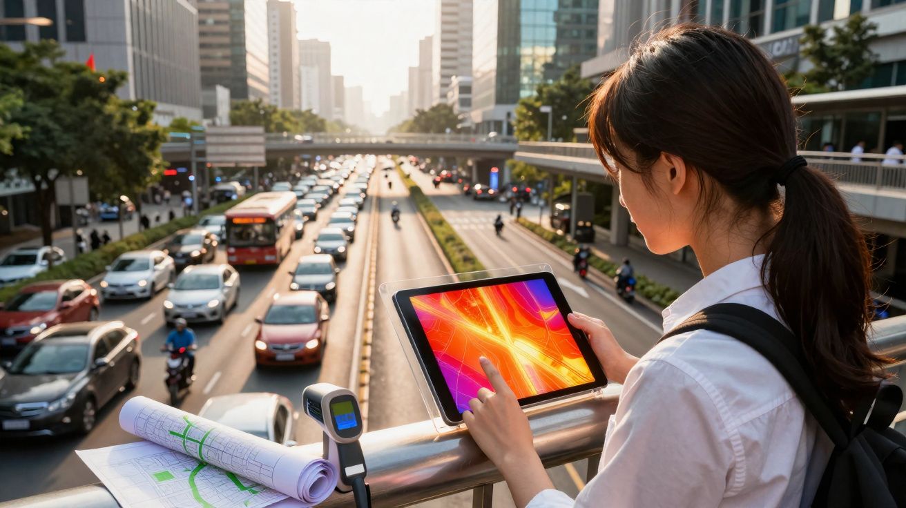 Pessoa usando tablet em passarela sobre avenida movimentada em área urbana com prédios altos.