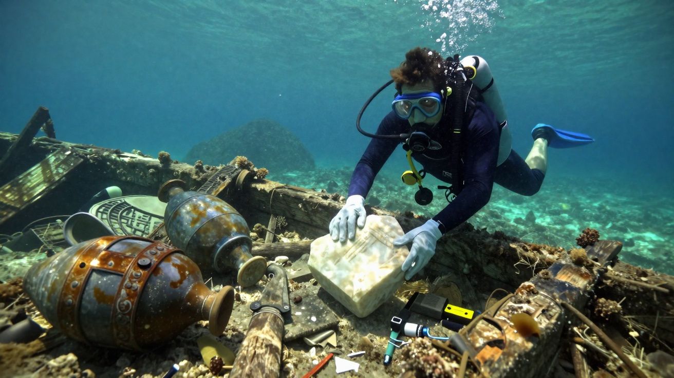 Mergulhador coletando artefatos em um naufrágio coberto de corais no fundo do mar.