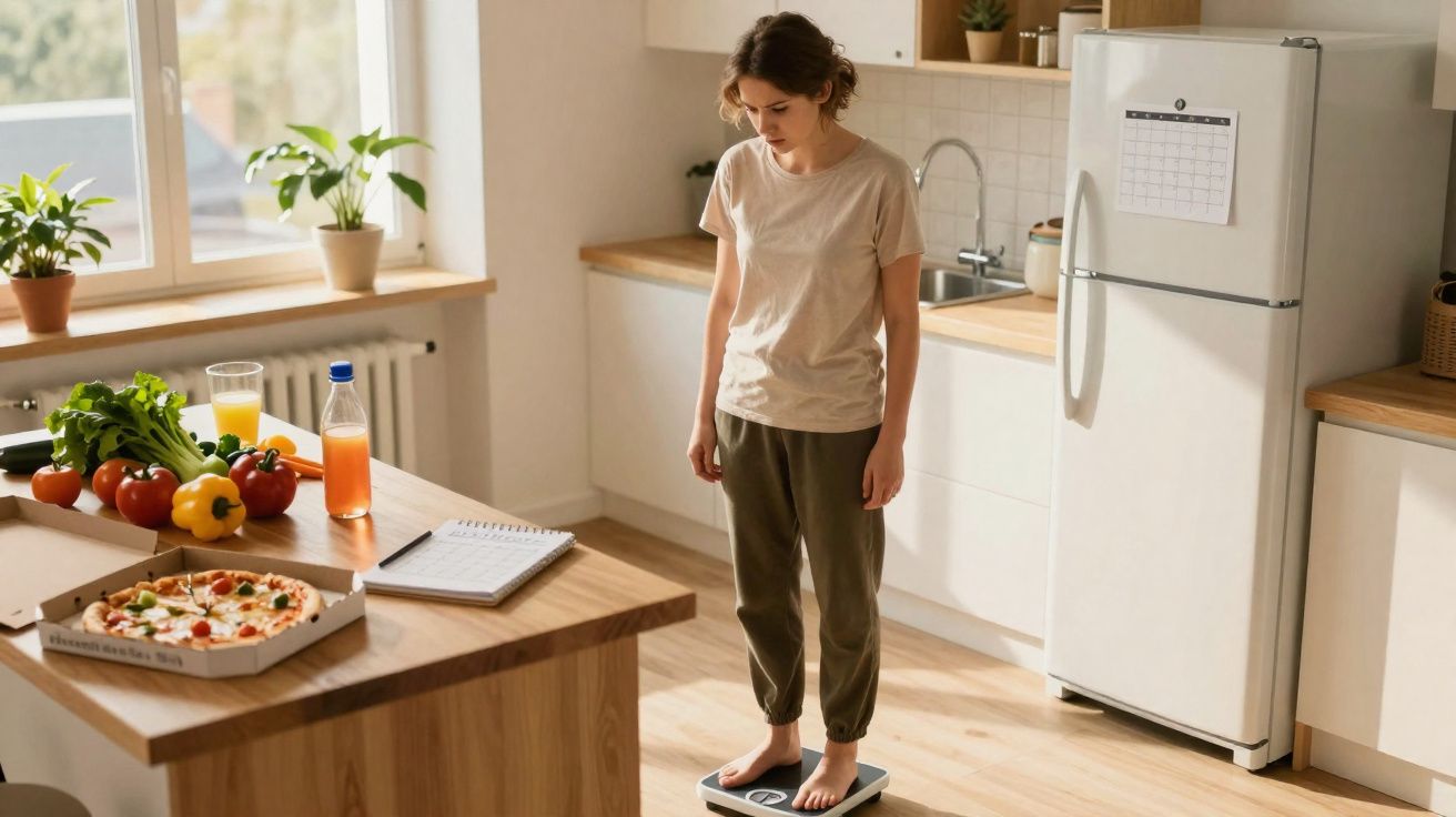 Mulher descalça olhando para balança na cozinha com pizza e legumes sobre ilha de madeira.