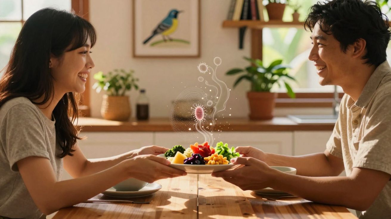 Casal sorridente trocando prato com comida saudável em mesa de madeira iluminada.