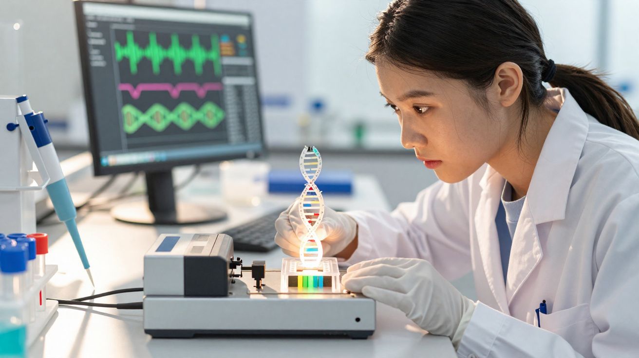 Cientista mulher em laboratório analisa estrutura de DNA com equipamento e gráfico em computador ao fundo.