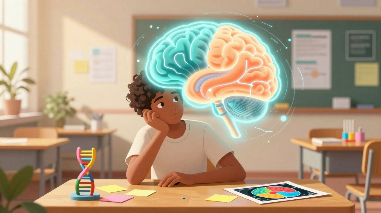Aluno negro sentado em sala de aula, olhando para um cérebro holográfico colorido flutuante à frente.