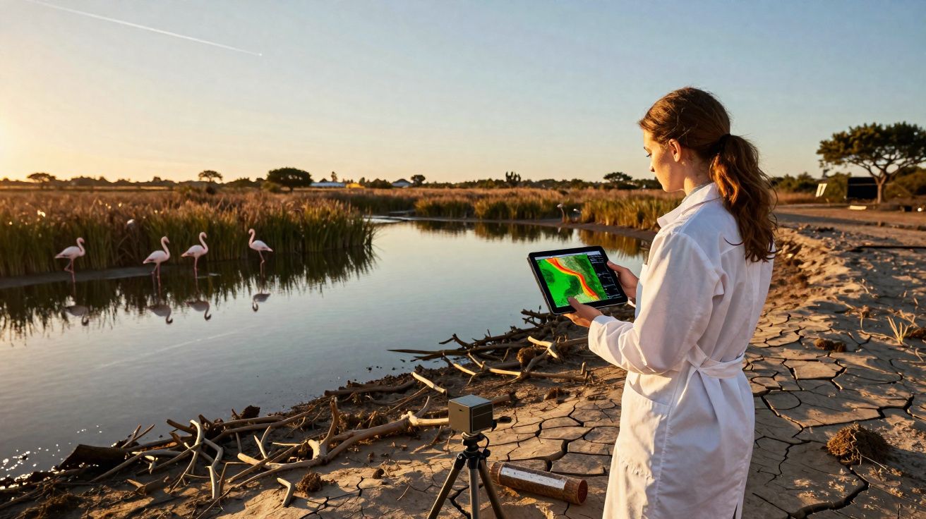 Mulher com jaleco branco usa tablet para analisar dados ao lado de lago com flamingos ao entardecer.