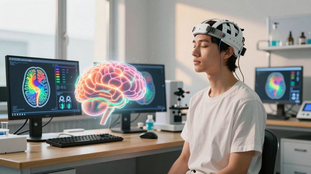 Jovem usando capacete de neurofeedback enquanto imagens de cérebro aparecem em monitores ao redor.