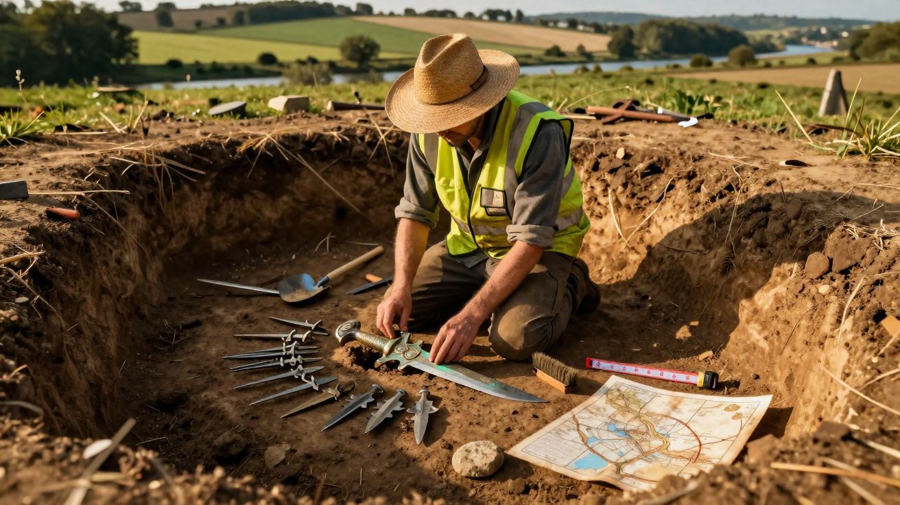 Arqueólogo escavando sítio arqueológico, com várias adagas antigas e um mapa ao lado, campo ao fundo.