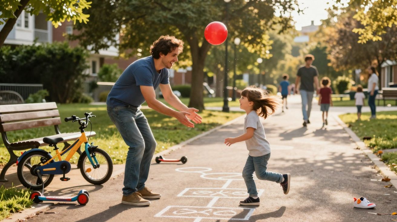 Pai e filha brincando com bola vermelha em parque, com bicicleta e brinquedos ao redor em tarde ensolarada.
