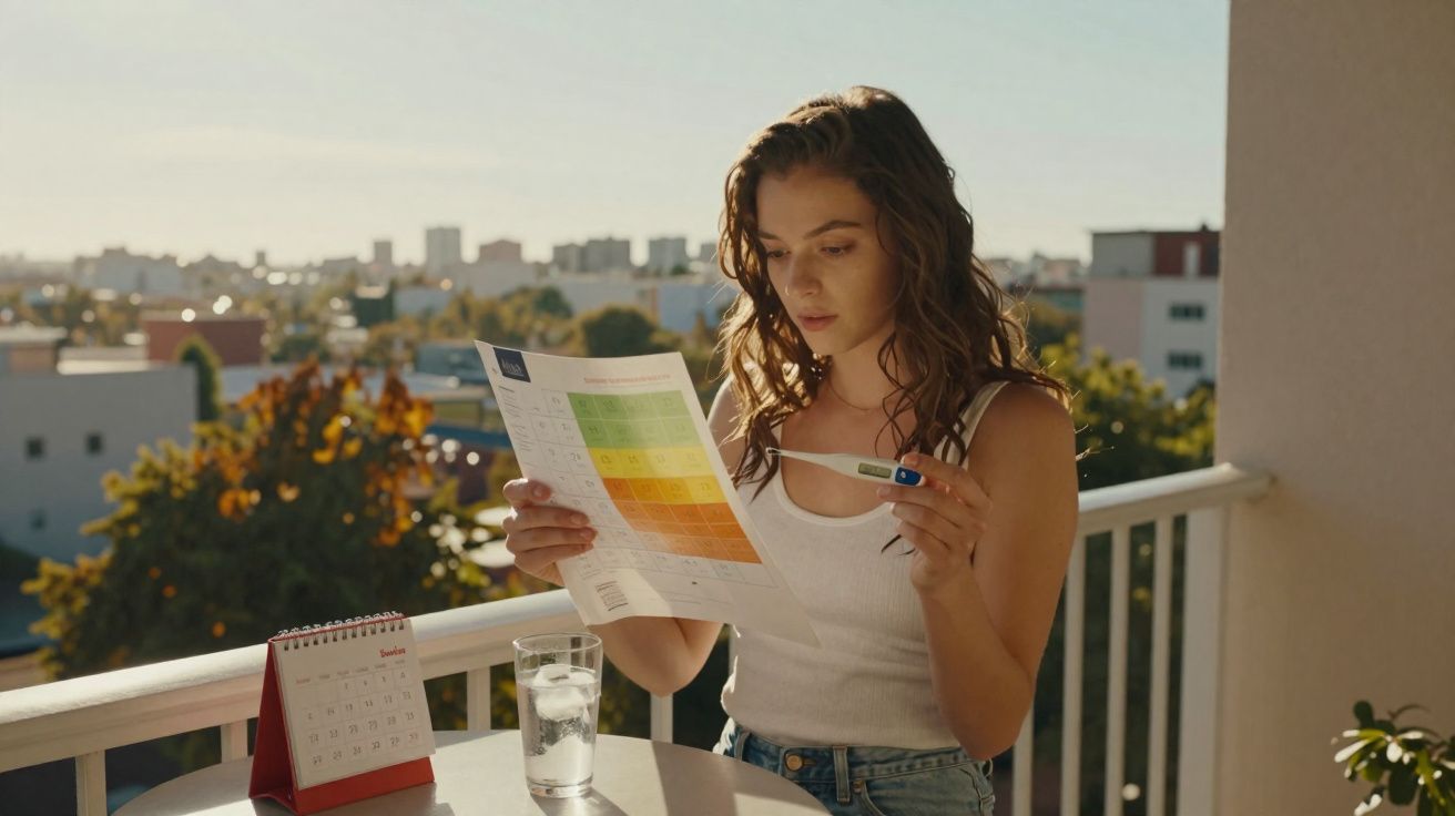 Mulher de camiseta branca lê resultado de teste segurando aparelho na varanda com calendário e copo d’água.