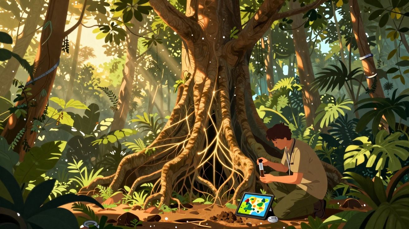 Pessoa analisando o solo da floresta com equipamento tecnológico ao lado de uma árvore grande.