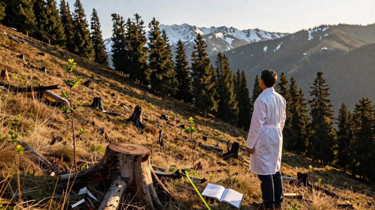 Pessoa de jaleco branco em floresta com tocos de árvores, olhando para montanhas nevadas ao fundo.