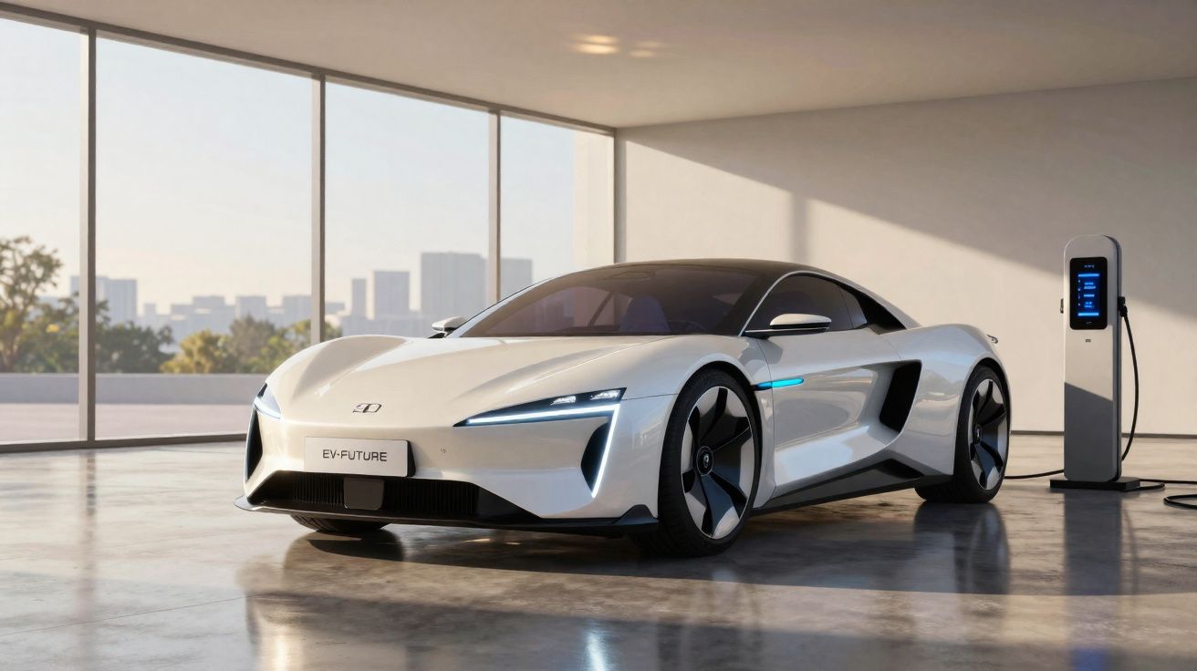 Carro esportivo elétrico branco carregando em estação em garagem moderna com vista para a cidade.