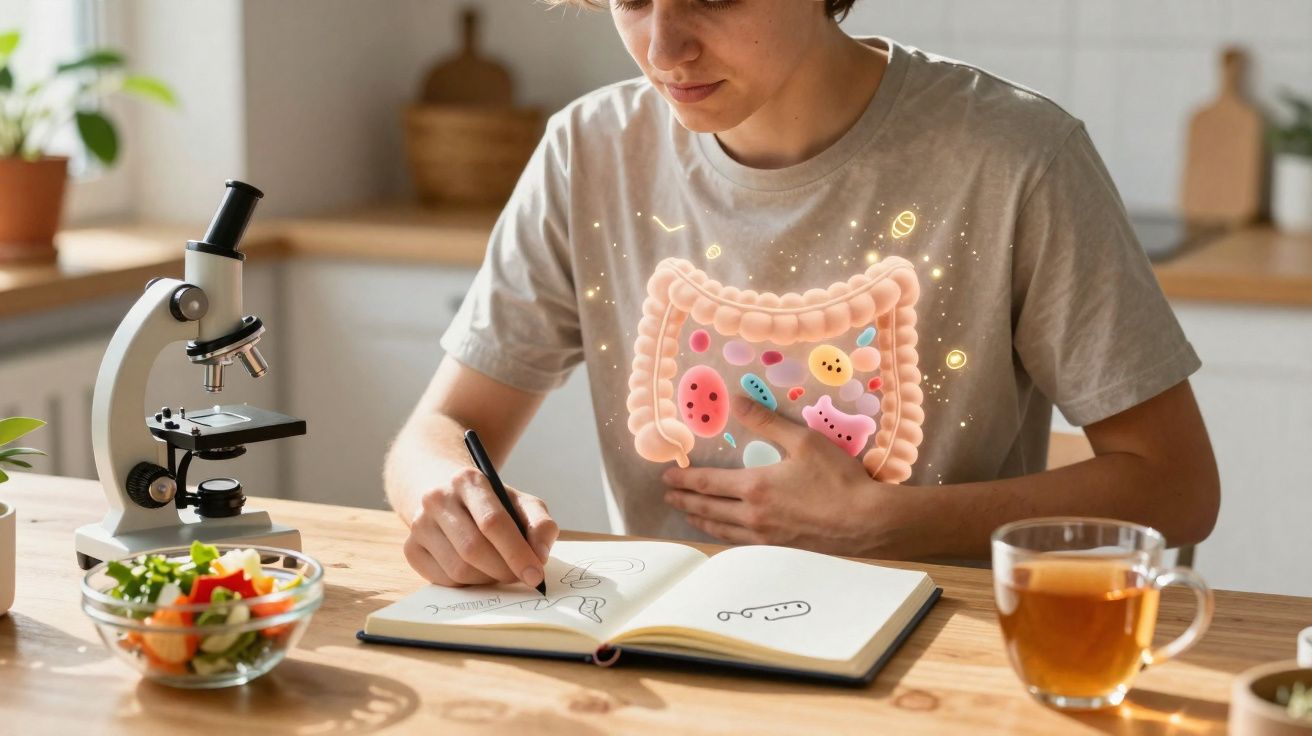 Pessoa estudando saúde intestinal, segurando o estômago com ilustração do intestino e micro-organismos.