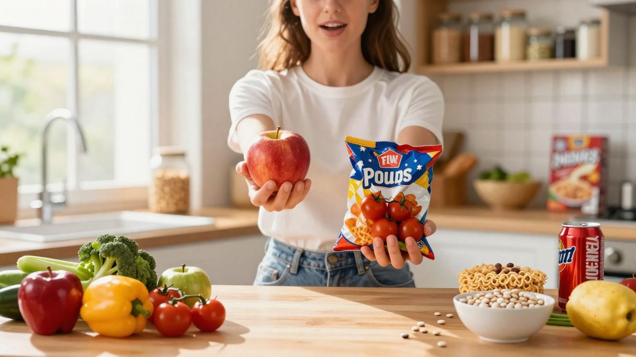 Mulher segurando maçã vermelha e pacote de batata frita, com legumes e comida em bancada de cozinha.