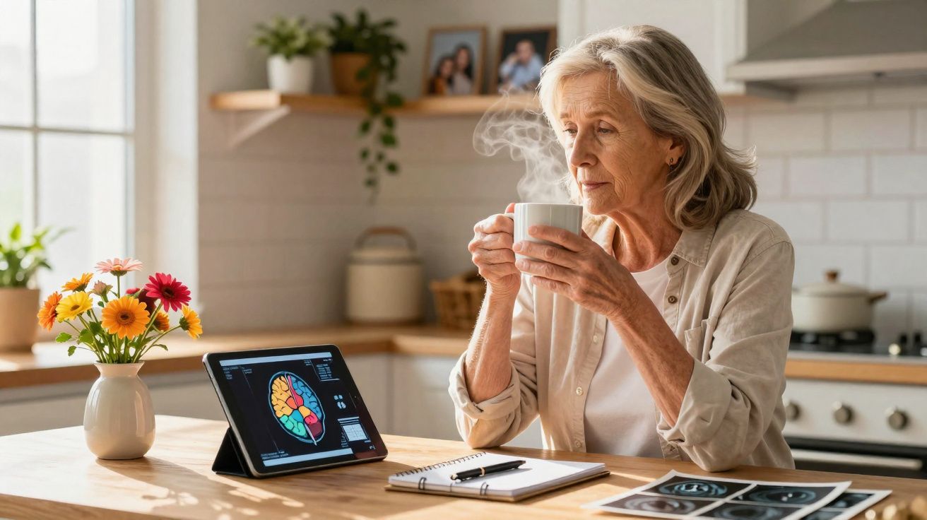 Mulher idosa tomando café e olhando para imagem de cérebro em tablet na cozinha.