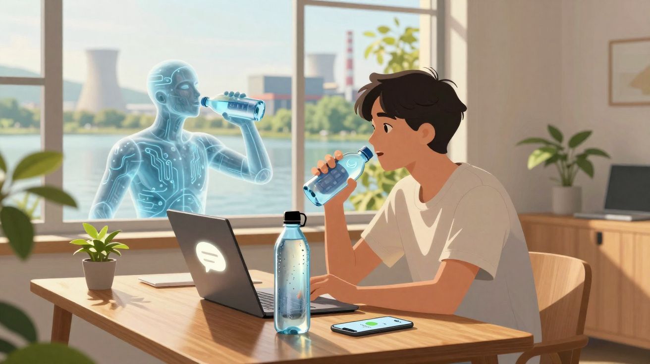 Jovem em mesa com laptop e garrafas d'água, enquanto holograma tecnológico bebe água atrás da janela.