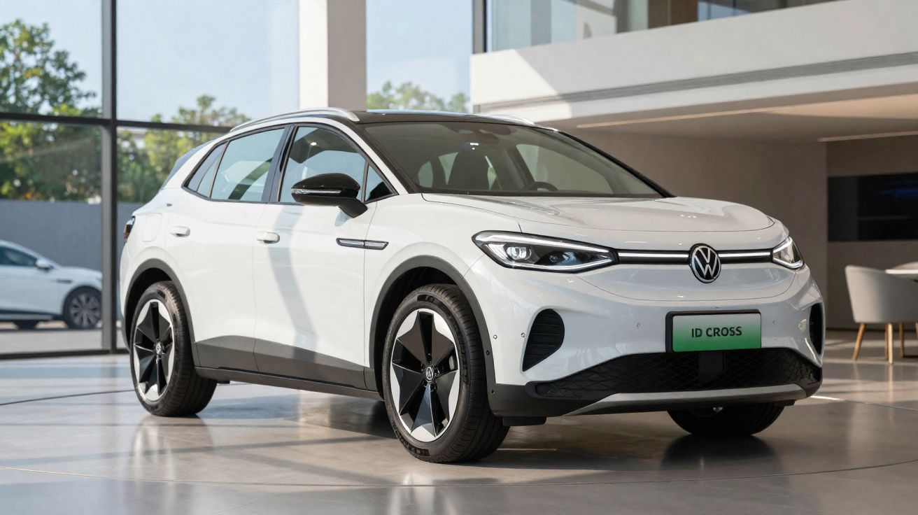 Carro elétrico Volkswagen ID Cross branco exibido em showroom moderno com grande janela.</s>
