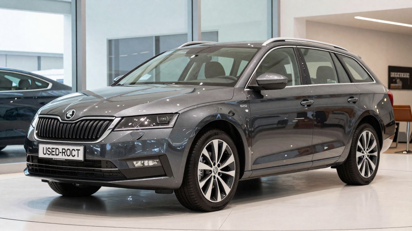 Carro cinza escuro Skoda Octavia Break estacionado em showroom com piso branco e paredes de vidro.