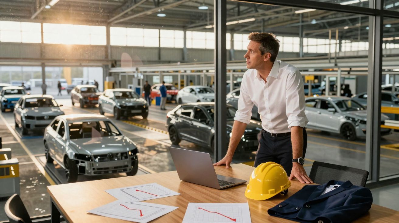 Homem em roupa social observa linha de montagem de carros em fábrica, com laptop e capacete na mesa.