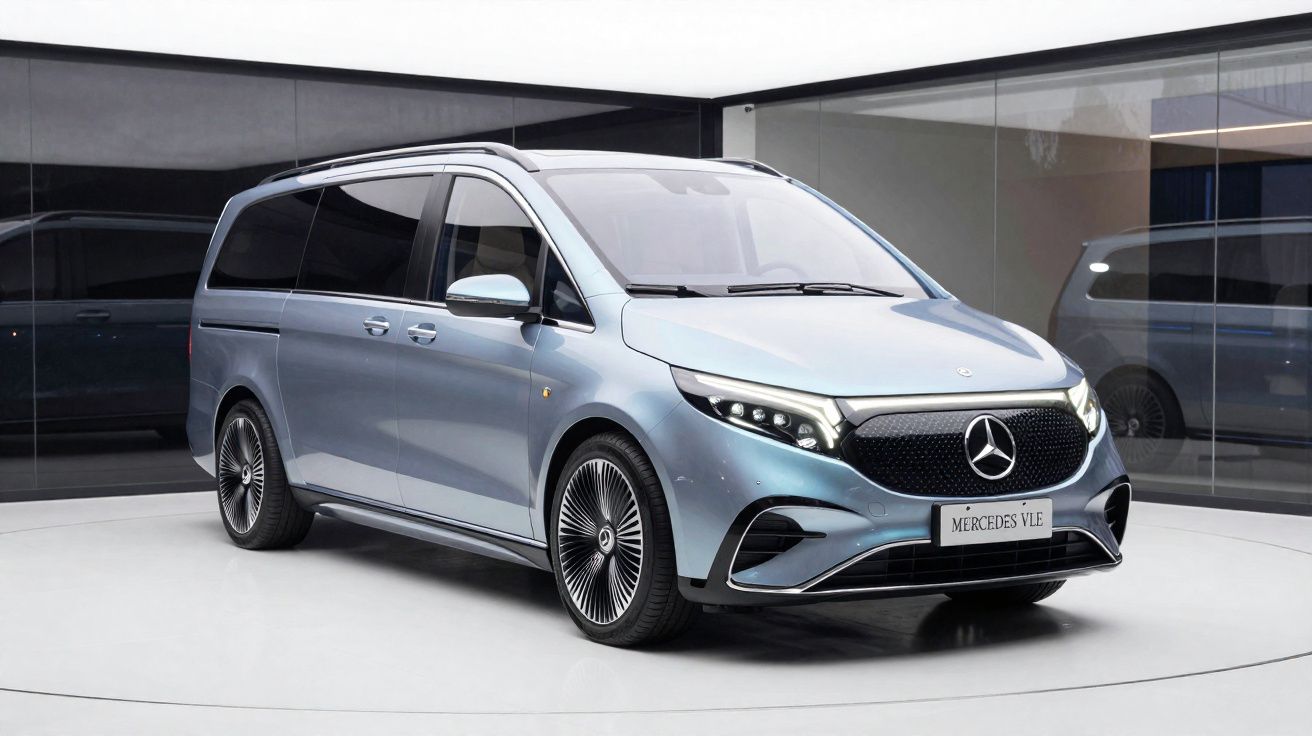 Van Mercedes-Benz VLE cinza em estúdio com design moderno e rodas aro 20.