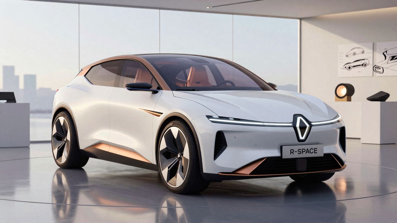 Carro elétrico branco Renault R-Space em estúdio moderno com janelas amplas e decoração minimalista.