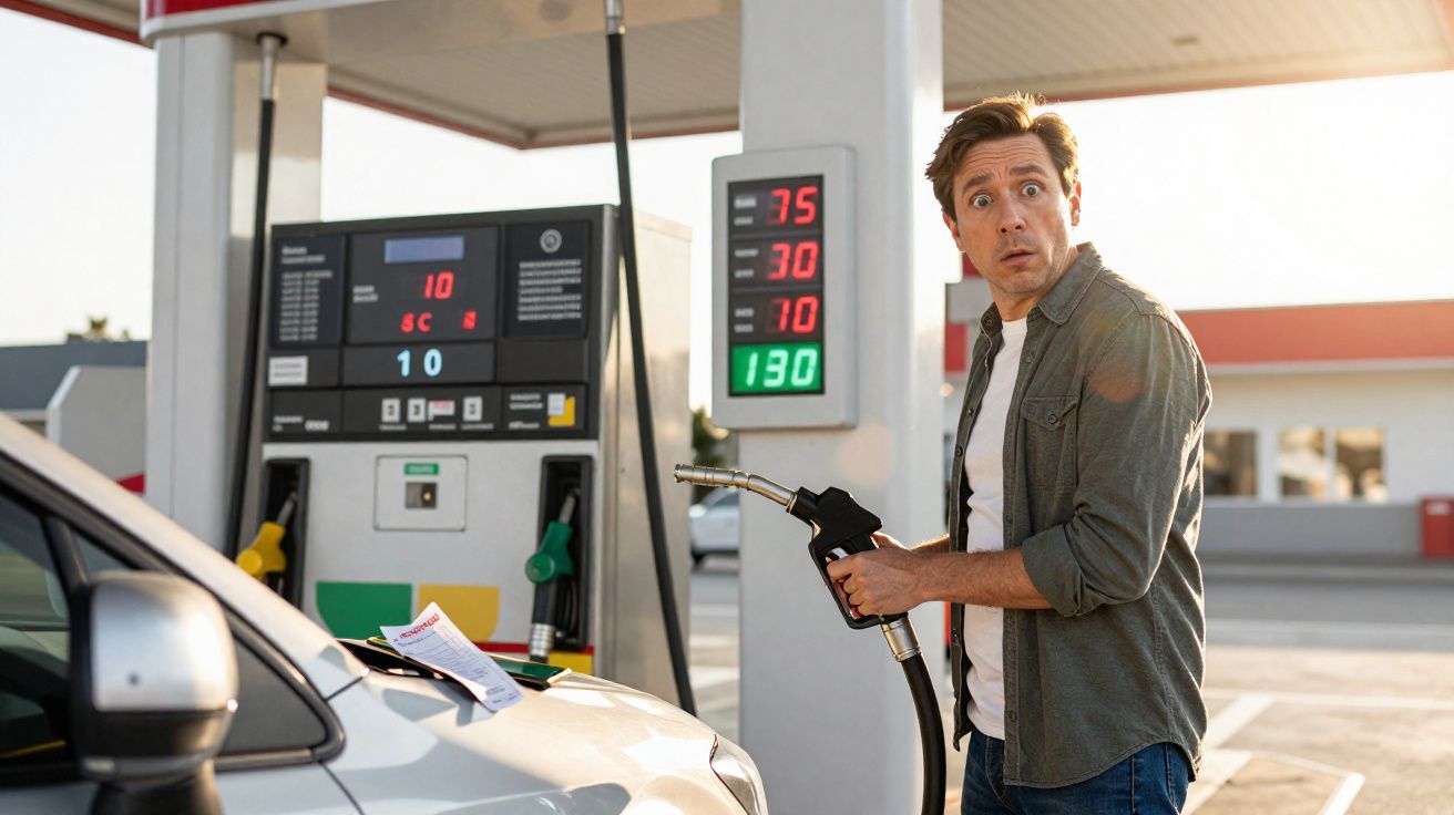 Homem surpreso abastecendo carro em posto com preços altos visíveis ao fundo.