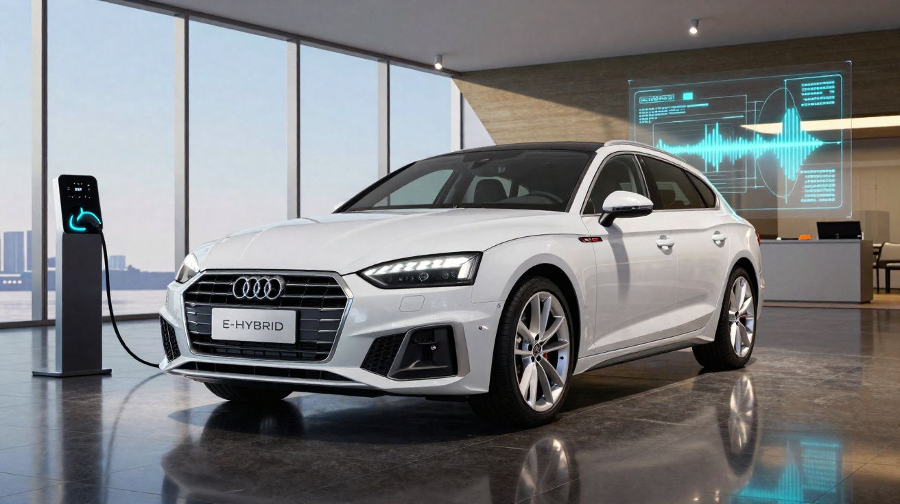 Carro elétrico Audi branco modelo E-Hybrid em carregamento dentro de showroom moderno.