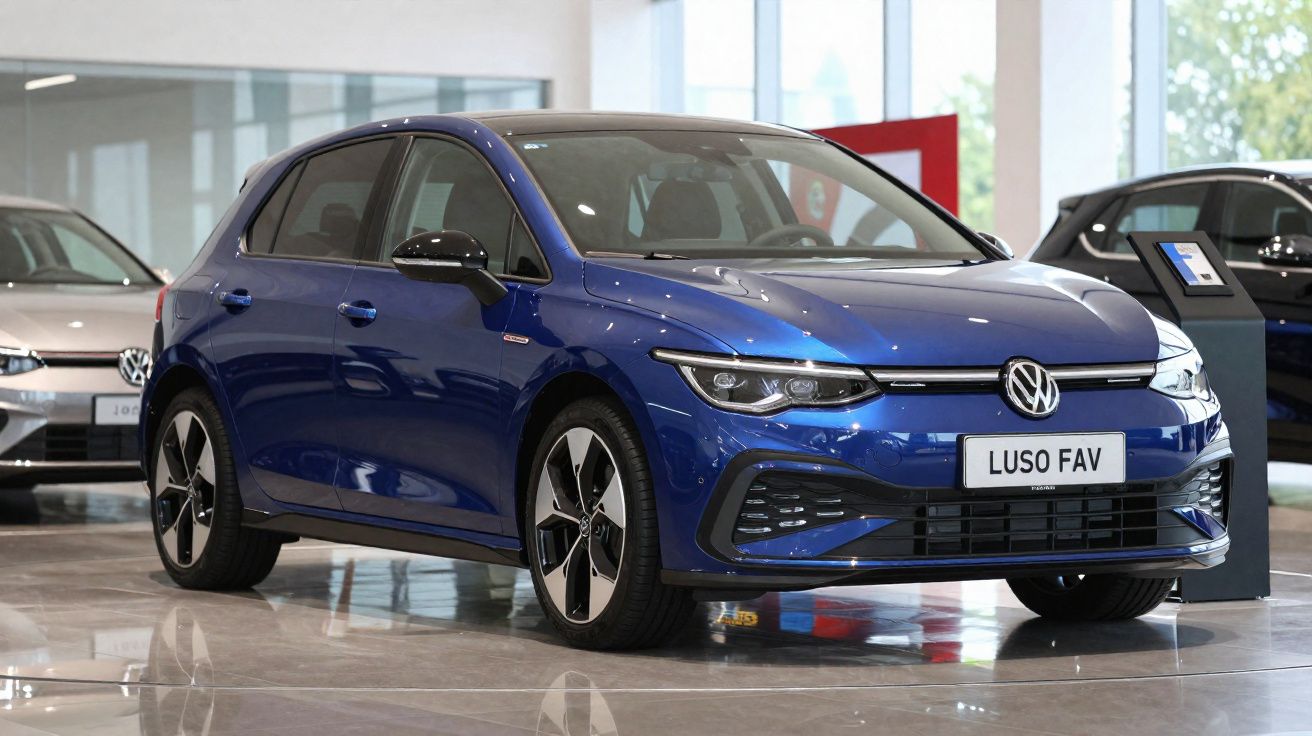 Carro hatchback Volkswagen azul estacionado em salão de exposição com piso brilhante.