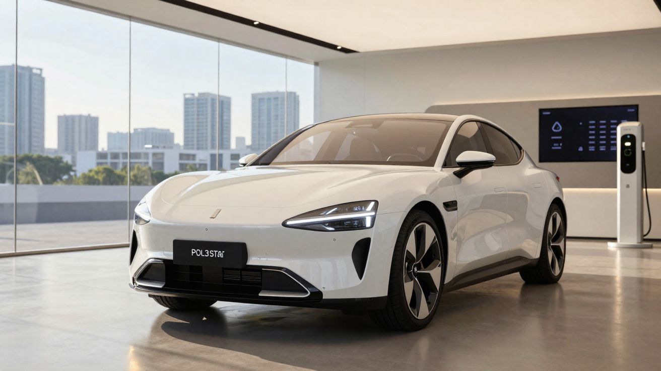 Carro elétrico branco Polestar 2 em showroom moderno com prédios ao fundo e estação de recarga elétrica.