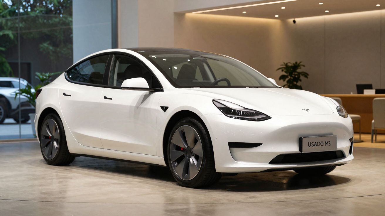 Carro Tesla branco modelo Model 3 estacionado em showroom moderno com piso de concreto polido.