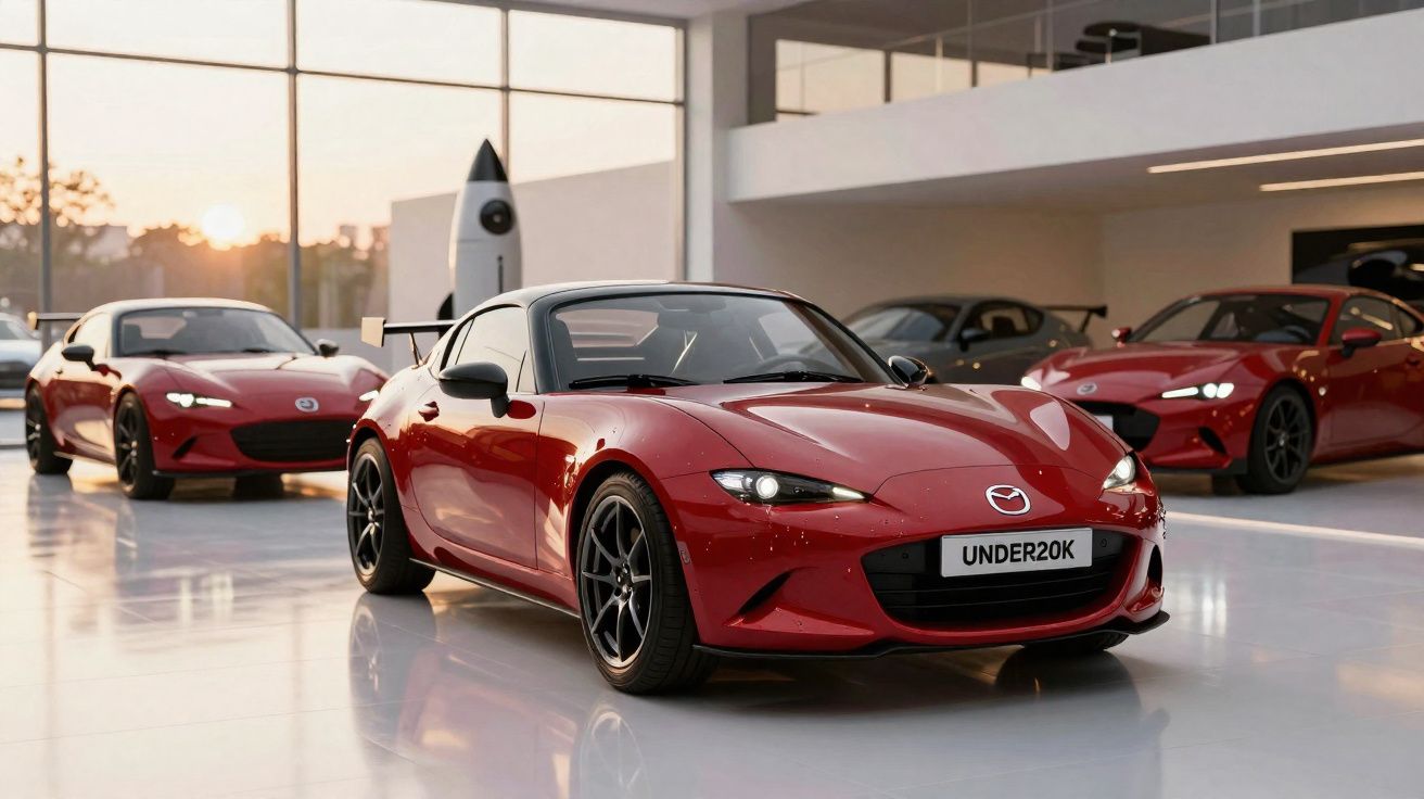 Carros esportivos Mazda MX-5 vermelhos exibidos em showroom com iluminação natural ao entardecer.
