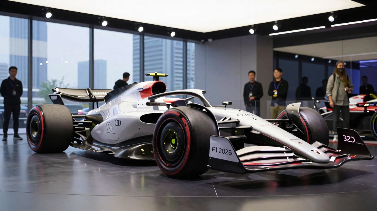 Carro de Fórmula 1 modelo 2026 branco exibido em sala com pessoas ao fundo.