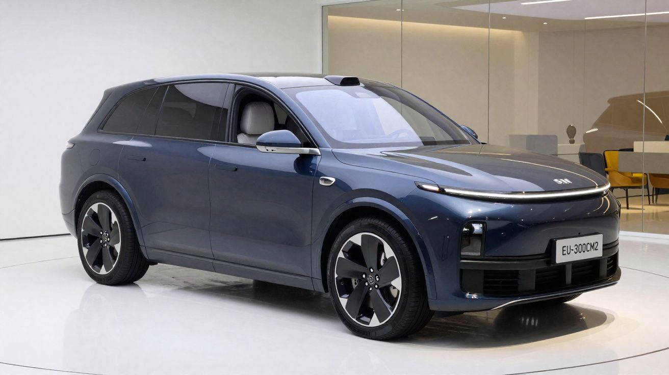 Carro SUV elétrico azul estacionado em ambiente interno com design moderno e faróis ligados