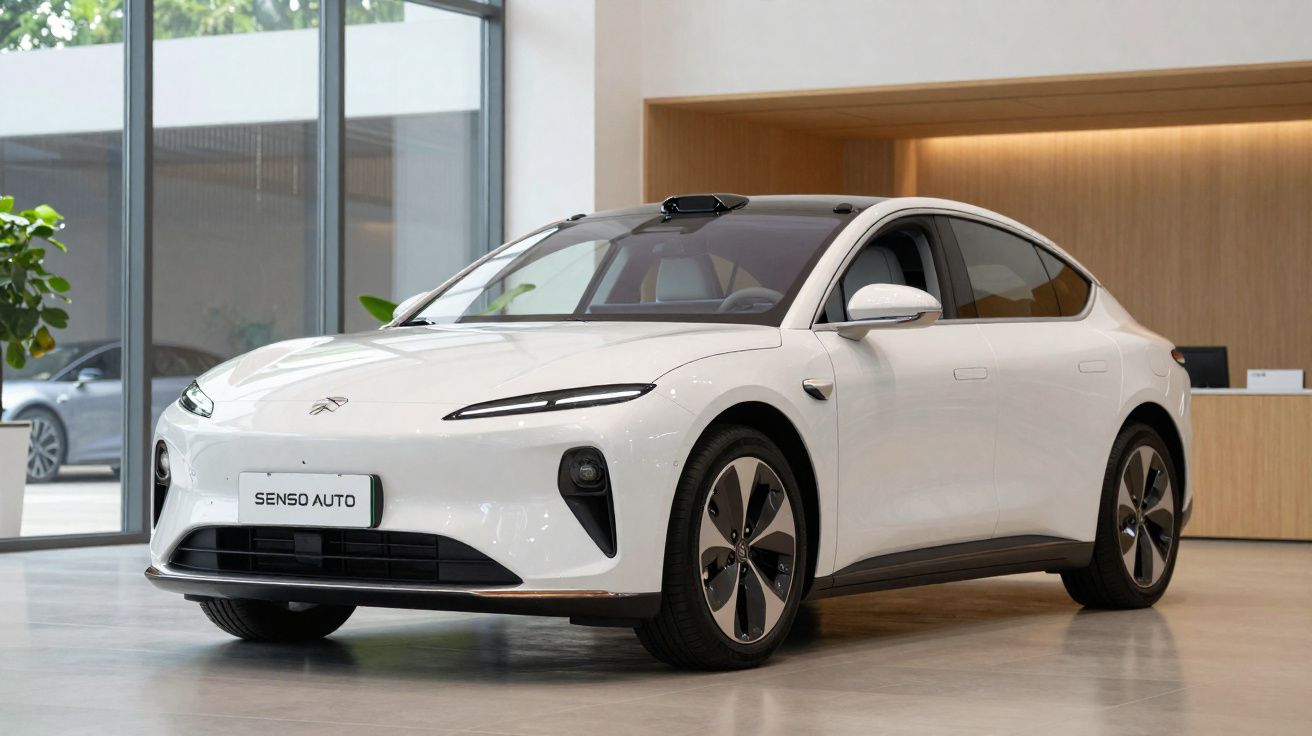 Carro elétrico branco modelo SENSO AUTO em showroom com paredes de vidro e detalhes em madeira.