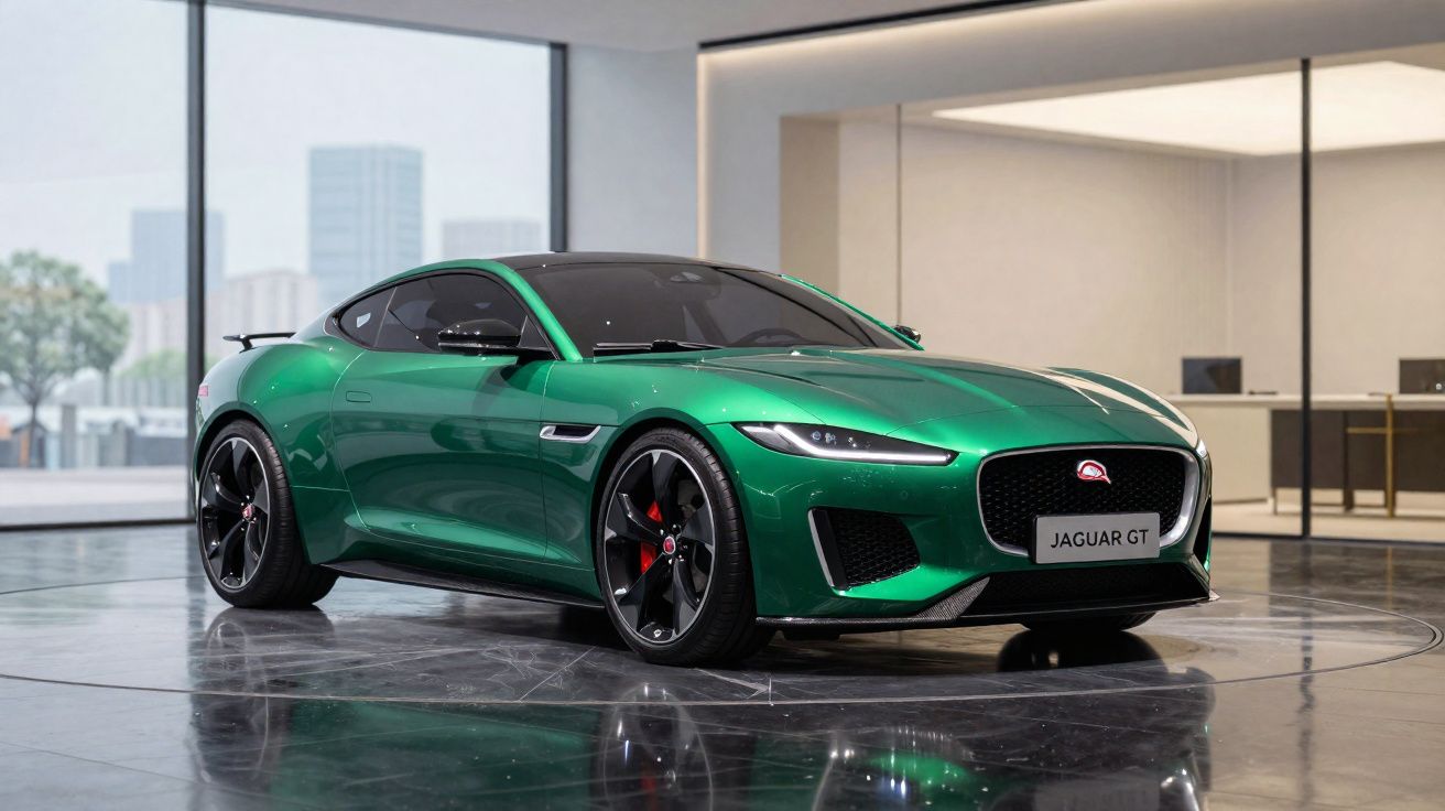 Carro esportivo Jaguar GT verde metálico em showroom moderno com piso refletivo preto.