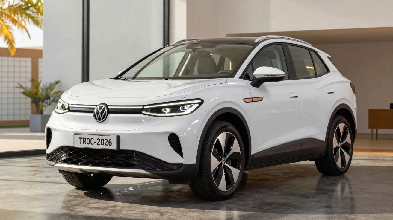 Carro elétrico branco Volkswagen Troc 2026 estacionado em ambiente interno moderno.