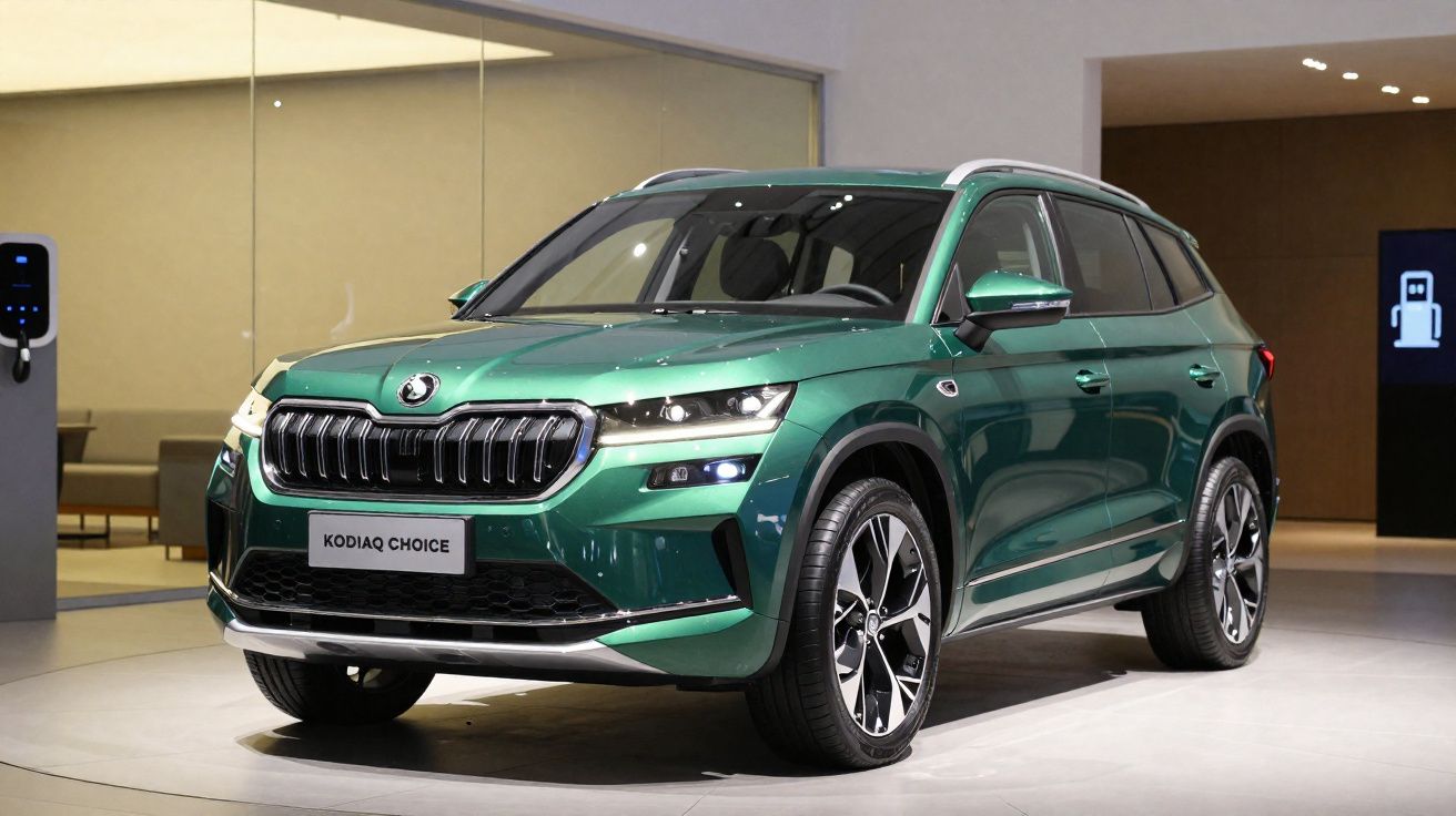 Carro SUV verde metálico Škoda Kodiaq Choice exposto em ambiente interno moderno.
