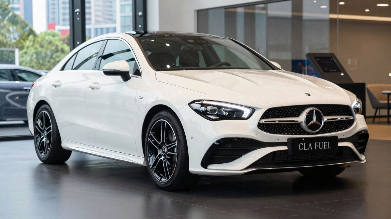 Carro Mercedes-Benz CLA Fuel branco exibido em showroom com rodas esportivas pretas.