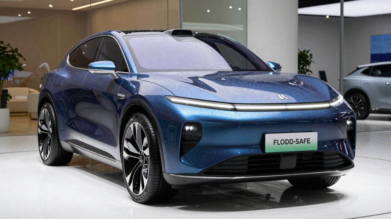 Carro elétrico azul metálico em exposição com design moderno e detalhes aerodinâmicos.