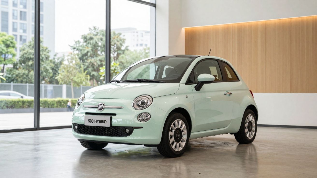 Carro Fiat 500 Hybrid verde claro em showroom com vidro e parede de madeira ao fundo.
